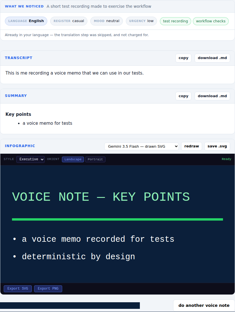 The one pass, done: transcript, summary and the infographic together.